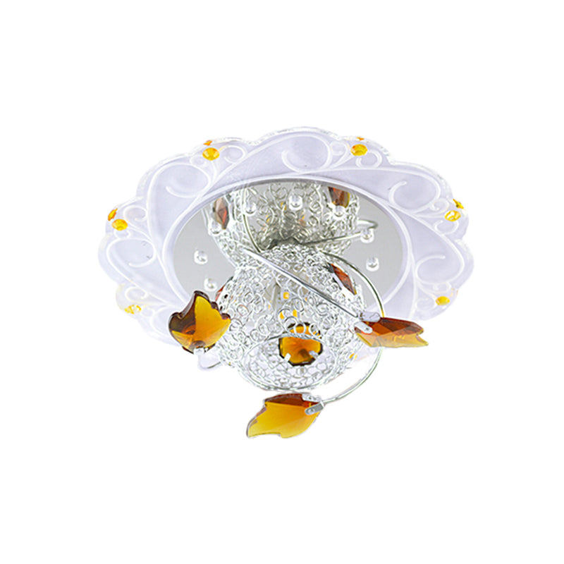 LED Hallway Flush Ceiling Light Simplicity White Scalloped Lighting Fixture with Globe Metal Shade