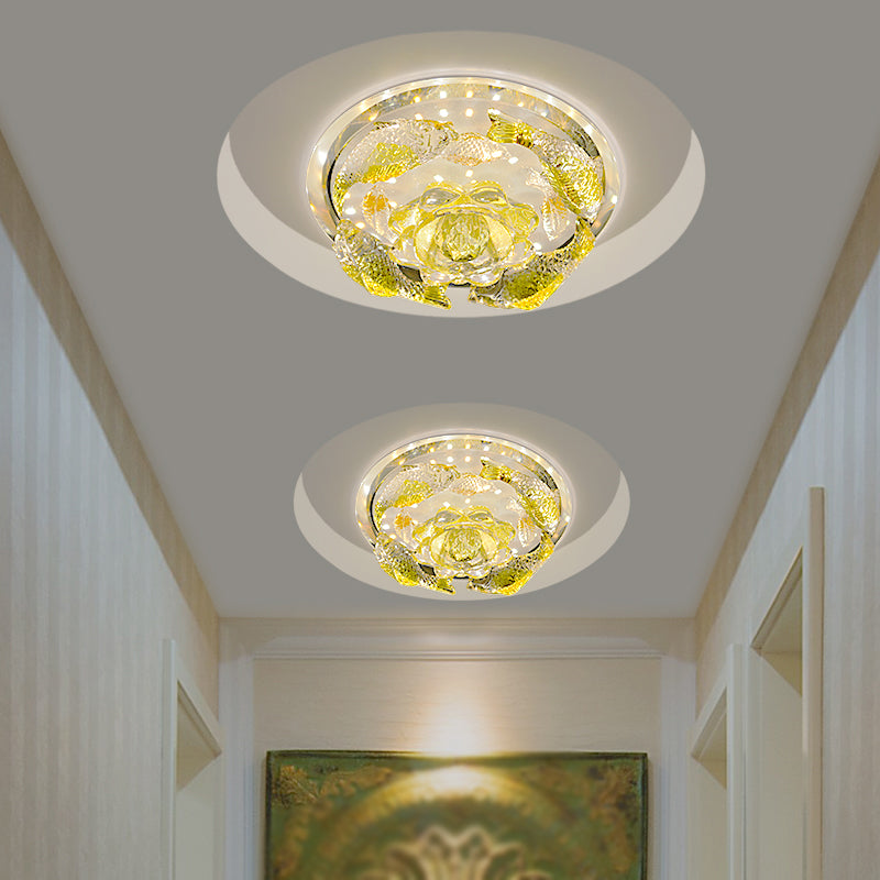 Floral Faceted Crystal Flush Mount Contemporary LED Yellow Ceiling Lighting in Warm/White Light