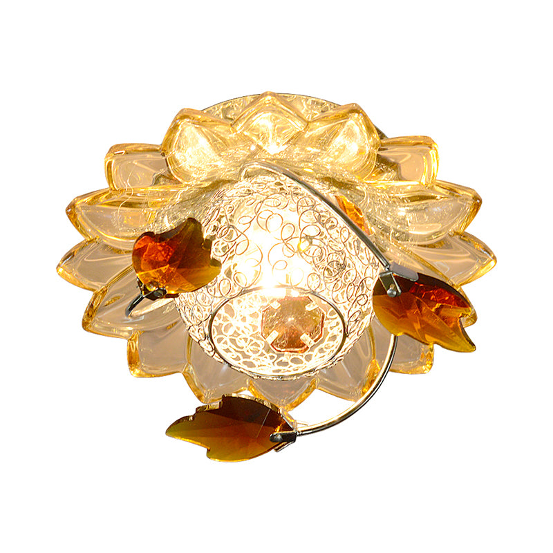 Globe Flush Mount Fixture Modern Metal 1 Bulb Blue/Tan Ceiling Light in Warm/White Light with Crystal Maple Leaf Deco