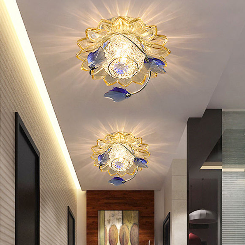Globe Flush Mount Fixture Modern Metal 1 Bulb Blue/Tan Ceiling Light in Warm/White Light with Crystal Maple Leaf Deco