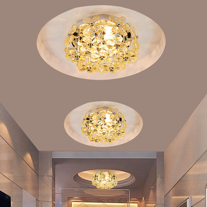 Chrome Blossom Flush Mount Lighting Modernist 4 Bulbs Clear/Amber Crystal Close to Ceiling Light with Round Design
