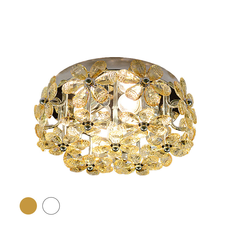 Chrome Blossom Flush Mount Lighting Modernist 4 Bulbs Clear/Amber Crystal Close to Ceiling Light with Round Design
