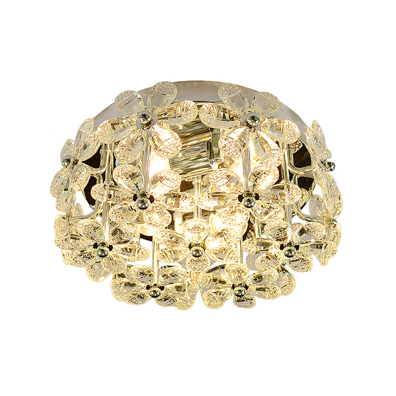 Chrome Blossom Flush Mount Lighting Modernist 4 Bulbs Clear/Amber Crystal Close to Ceiling Light with Round Design