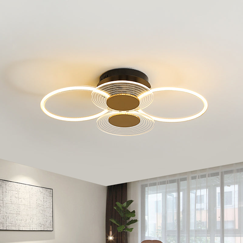 Hoops Acrylic Ceiling Mounted Fixture Contemporary 3/4 Heads Black Semi Flush Light for Restaurant