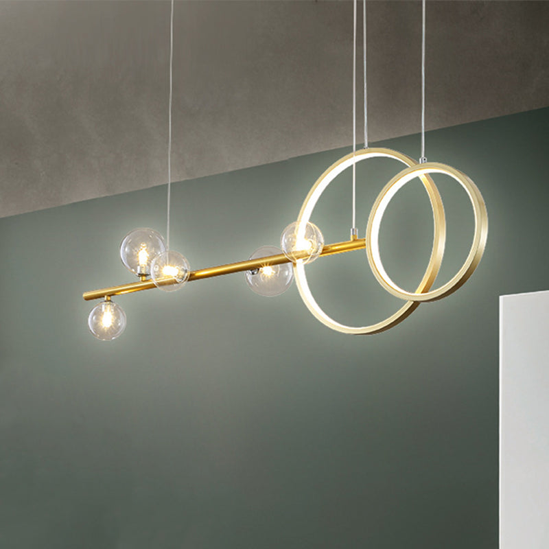Sphere Glass Sphere Island luminaire simple 5 têtes LED LED Lampe suspendue Kit de lampe en or avec conception de cercle métallique
