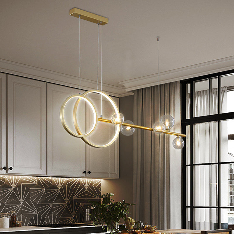 Sphere Glass Sphere Island luminaire simple 5 têtes LED LED Lampe suspendue Kit de lampe en or avec conception de cercle métallique