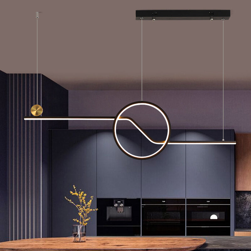 Linear and Circle Hanging Ceiling Light Contemporary Metal Dining Room LED Island Pendant in Black, Warm/White Light