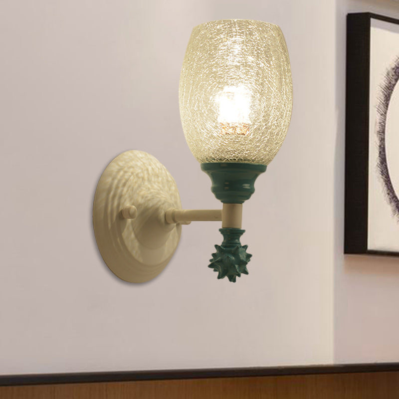 1/2-Bulb Bedside Wall Mounted Lamp Rural Blue/Gold/Dark Blue Wall Lighting with Oval Clear Crackle Glass Shade