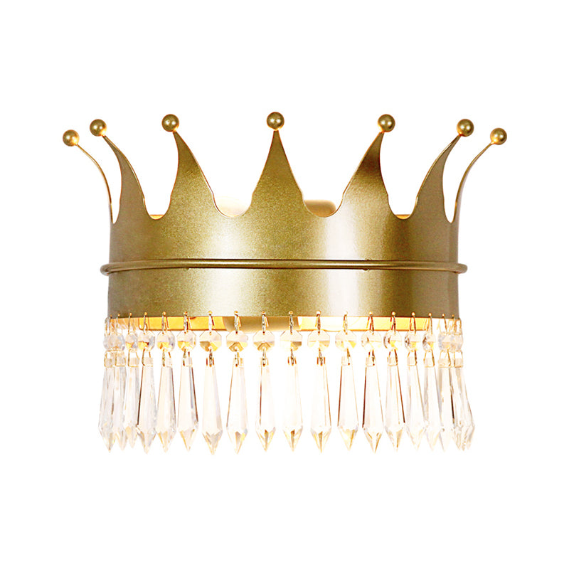 Crown Wall Light Sconce Retro Style Metallic 1-Head Parlor Wall Mount Lighting with Dangling Crystal in Gold