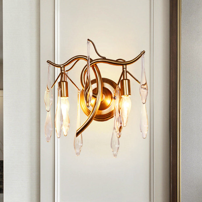 Retro 2 Heads Wall Lighting Ideas Gold Raindrop Wall Mount Light with Crystal Drop Shade