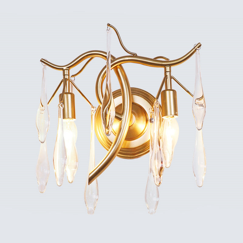 Retro 2 Heads Wall Lighting Ideas Gold Raindrop Wall Mount Light with Crystal Drop Shade