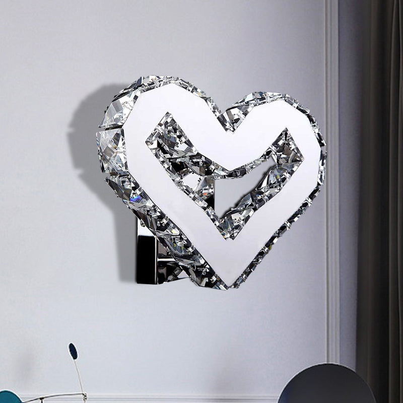 Stainless-Steel LED Loving Heart Sconce Modernism Clear Crystal Wall Mount Lamp in Warm/White Light