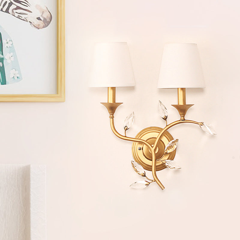 Leave Beveled Crystal Wall Mount Lamp Minimalism 2 Bulbs Black/Gold Wall Lighting Ideas with Conic Fabric Shade