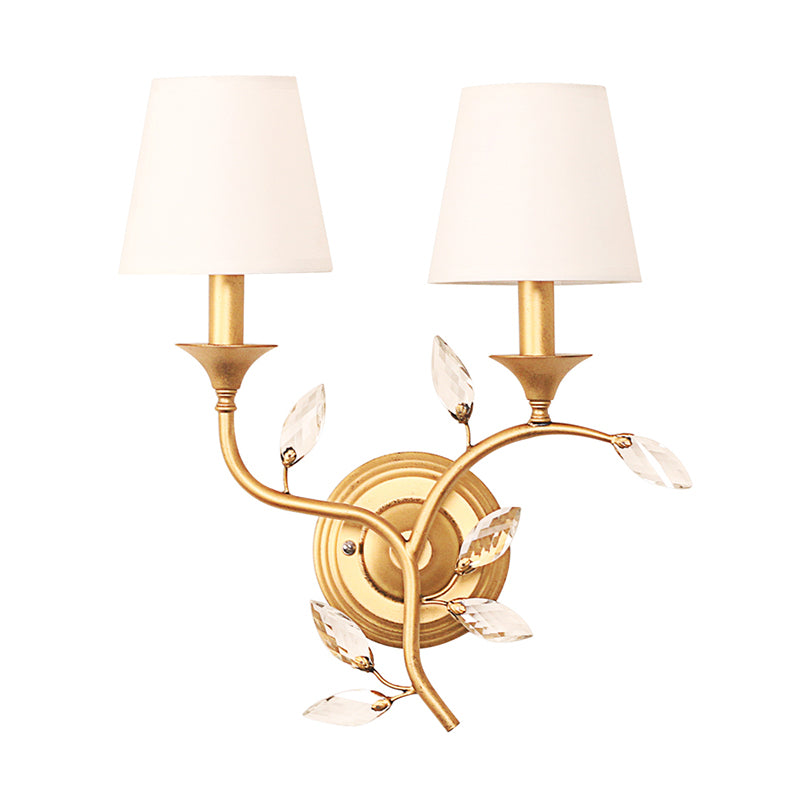 Leave Beveled Crystal Wall Mount Lamp Minimalism 2 Bulbs Black/Gold Wall Lighting Ideas with Conic Fabric Shade