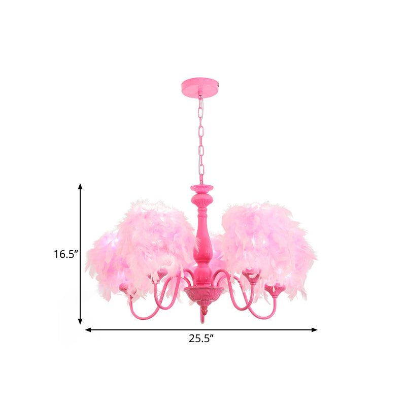 5 lumières Pink Curvy Arm Chandelier Lampe Kids Suspension Metal Suspension avec de l'ombre