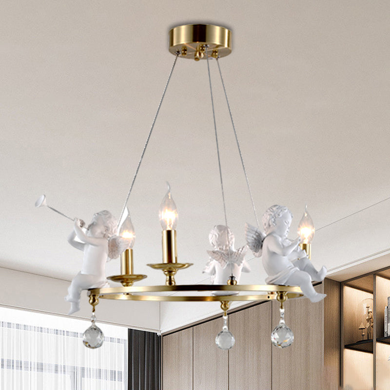 Candlestick Metallic Ceiling Pendant Nordic 3-Bulb Gold Hanging Chandelier with Angel Deco
