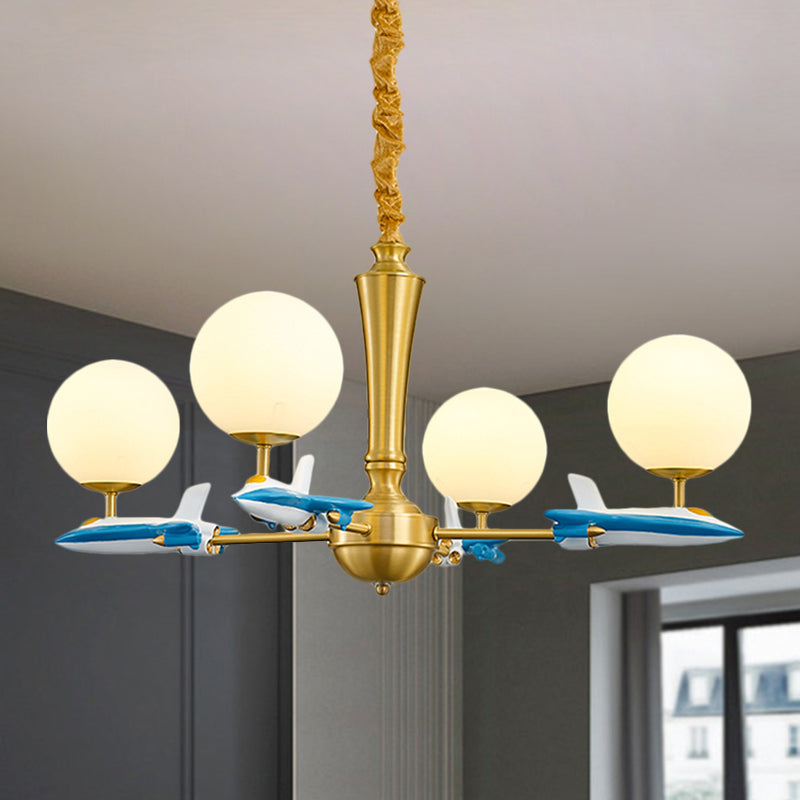 Kids Spherical Suspension Lamp Opaque Glass 4 Lights Nursery Chandelier Light with Airplane Deco in Blue