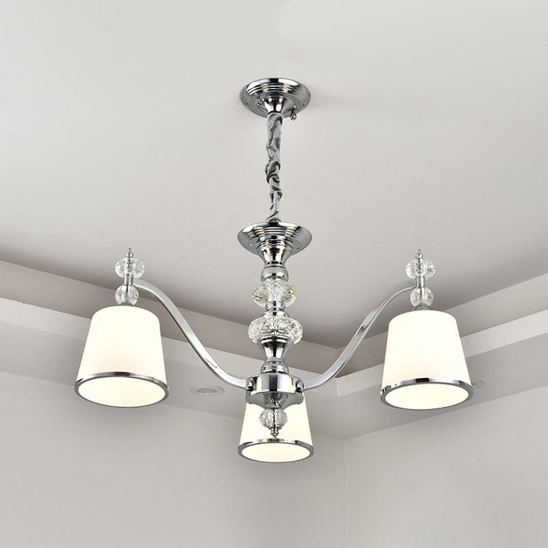 Luce conico bianco in vetro bianco verso il basso 3/6 teste a pendente cromata con braccio curvo