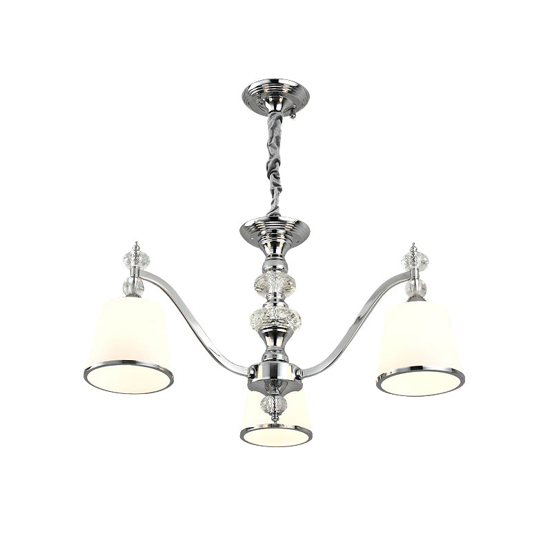 Luce conico bianco in vetro bianco verso il basso 3/6 teste a pendente cromata con braccio curvo