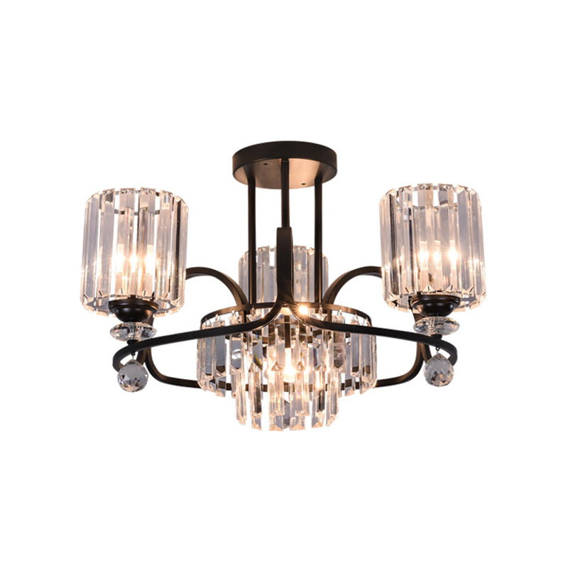 Cylindrical Suspension Lamp Modernist Crystal Prisms 4-Bulb Drawing Room Ceiling Chandelier in Black