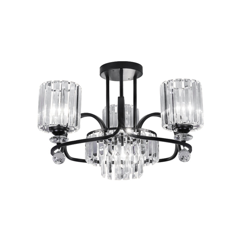 Cylindrical Suspension Lamp Modernist Crystal Prisms 4-Bulb Drawing Room Ceiling Chandelier in Black