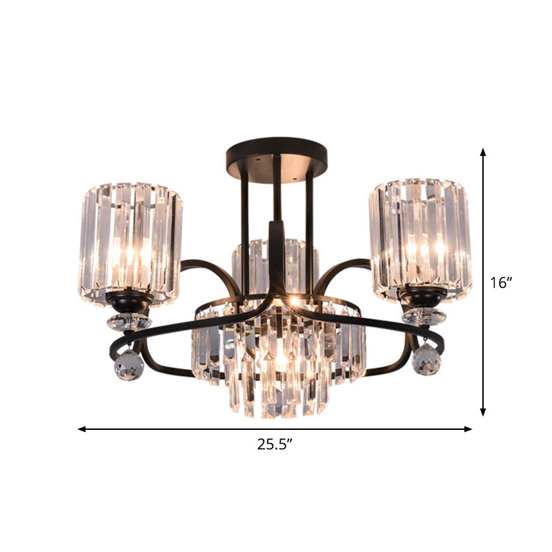 Cylindrical Suspension Lamp Modernist Crystal Prisms 4-Bulb Drawing Room Ceiling Chandelier in Black