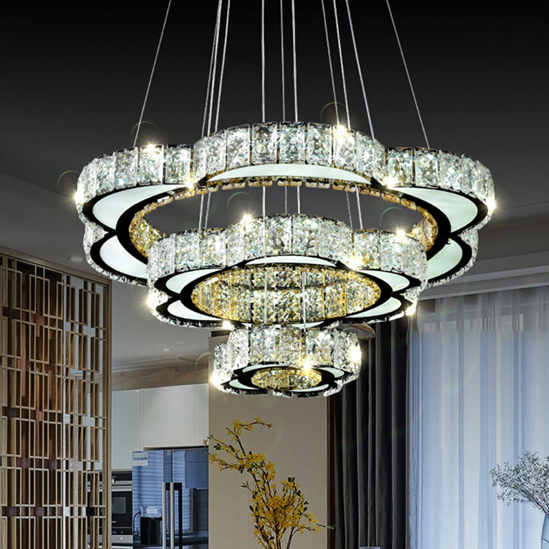 3-Tier Flower Dining Room Chandelier Faceted Crystal LED Simple Drop Pendant in Stainless-Steel, Warm/White Light