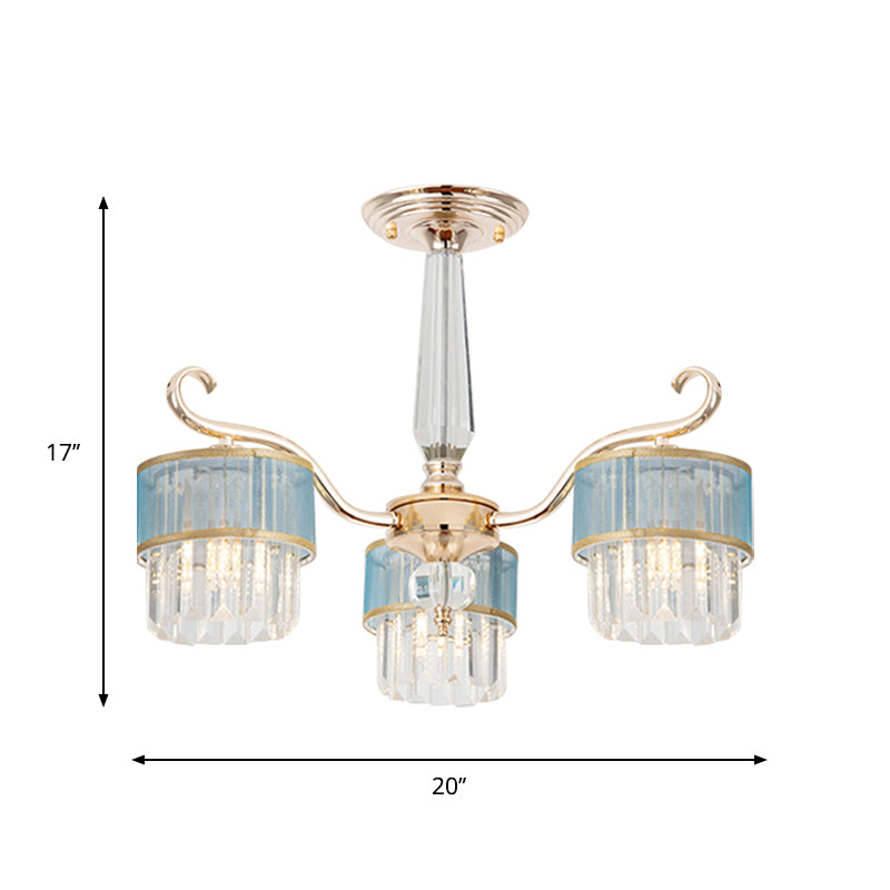 Cylinder Hanging Chandelier Contemporary Crystal Prisms 3 Lights Gold Ceiling Pendant