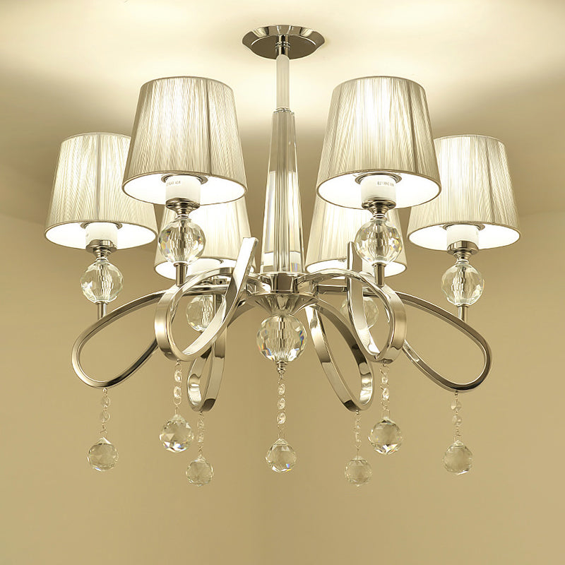 Modernismo colgante de la lámpara de cono de tela 6 cabezas de iluminación suspendida con acentos de cristal deco en cromo