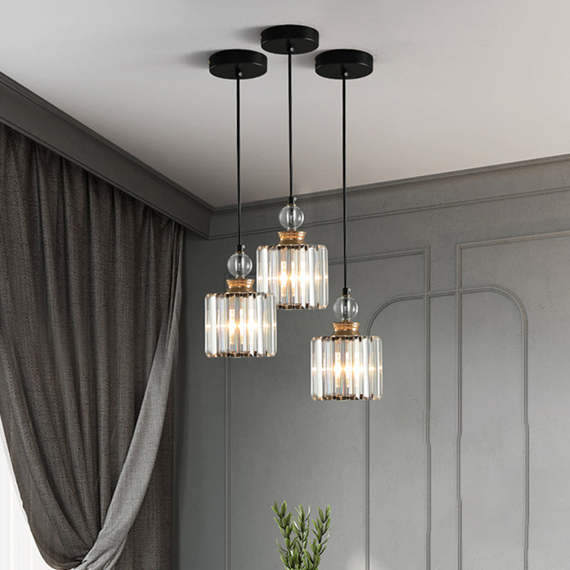 Simple 1/3-Head Ceiling Pendant Black Cylinder Hanging Lamp Kit with Crystal Prisms Shade