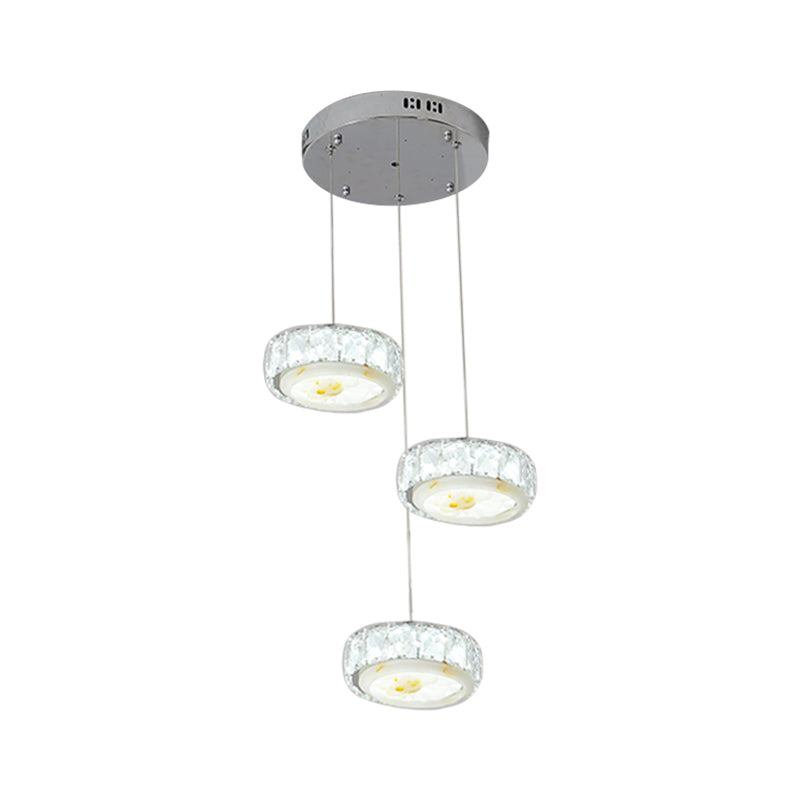 Faceted Crystal Circle Hanging Lamp Kit Modern LED Multi Pendant with Jade Flower Design in Chrome, Warm/White Light