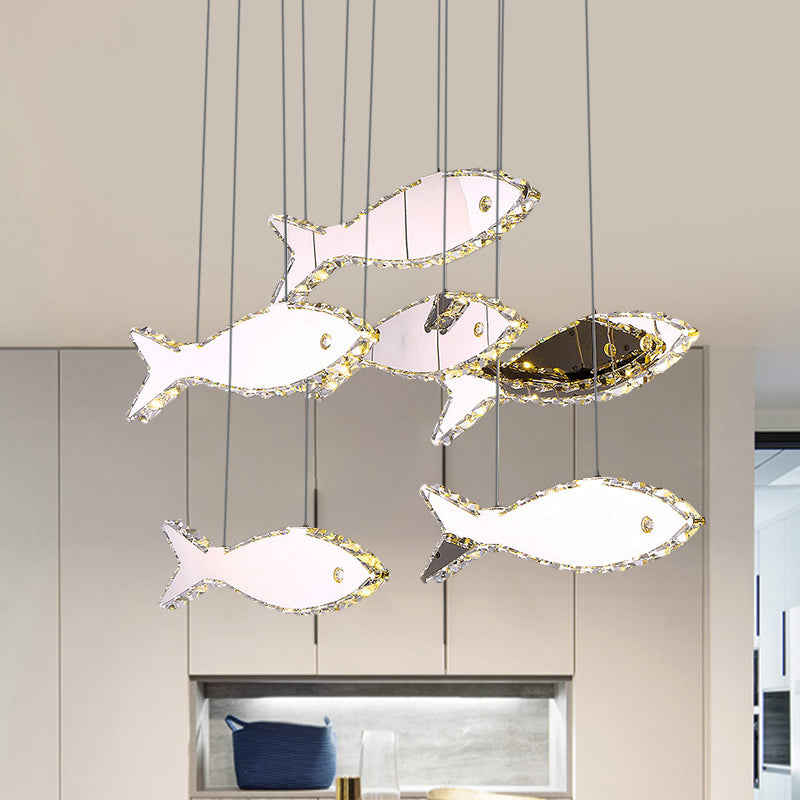 Fish Multi Pendant Simple Faceted Crystal 3/6 Heads Bedroom Hanging Lamp Kit in Stainless-Steel, Warm/White Light