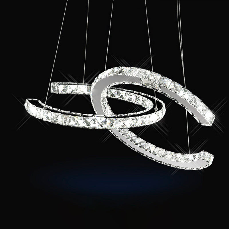 Simplicity LED Hanging Ceiling Lamp Stainless-Steel C-Shape Multi Pendant with Crystal Shade in Warm/White Light