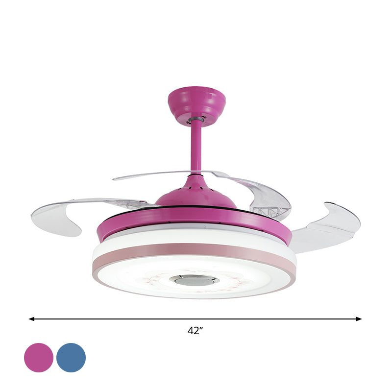LED bleu / rose rond suspendu la lampe à fans moderniste acrylique 3 lames Semi Flush Fush Mount Éclairage, 42 "Largeur