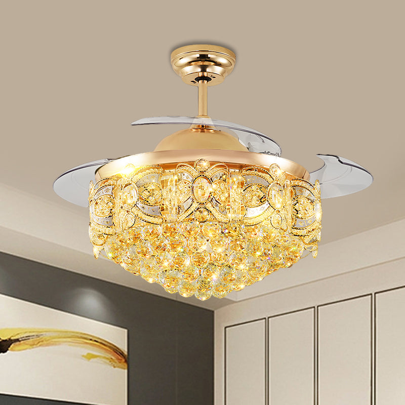 19 "W taps toelopende plafondventilator Lamp Victoriaanse kristal orbs LED Parlor Semi Flush Light in goud met 4 messen