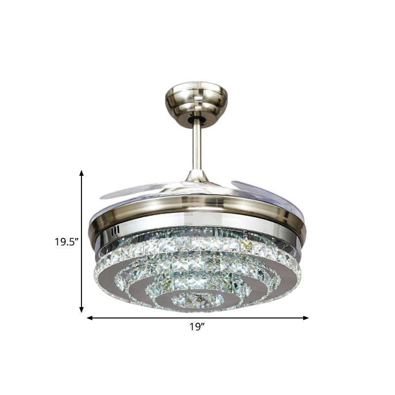 Tiered Round Crystal Block Semi Flush Modernism LED Chrome Pendant Fan Light Fixture, 19" Width