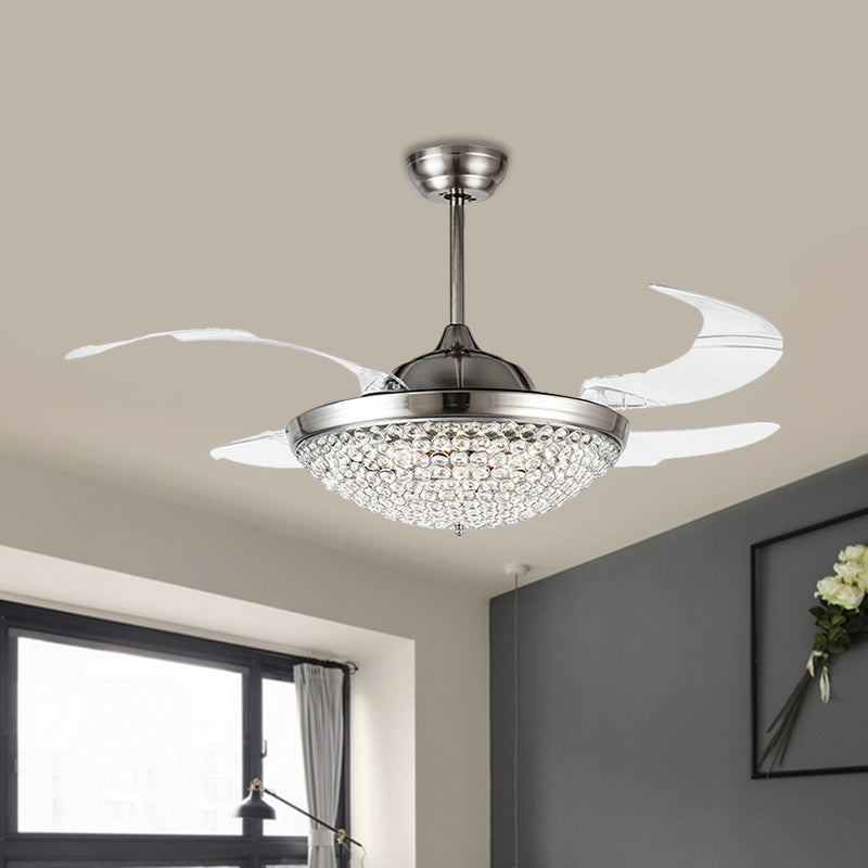 19 "W Kuppel Semi Flush Mount Lampe Minimalistische Kristallverkruste LED Nickel Deckenventilator Licht, 4 Klingen