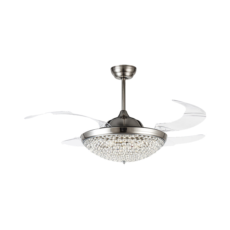 19 "W Kuppel Semi Flush Mount Lampe Minimalistische Kristallverkruste LED Nickel Deckenventilator Licht, 4 Klingen