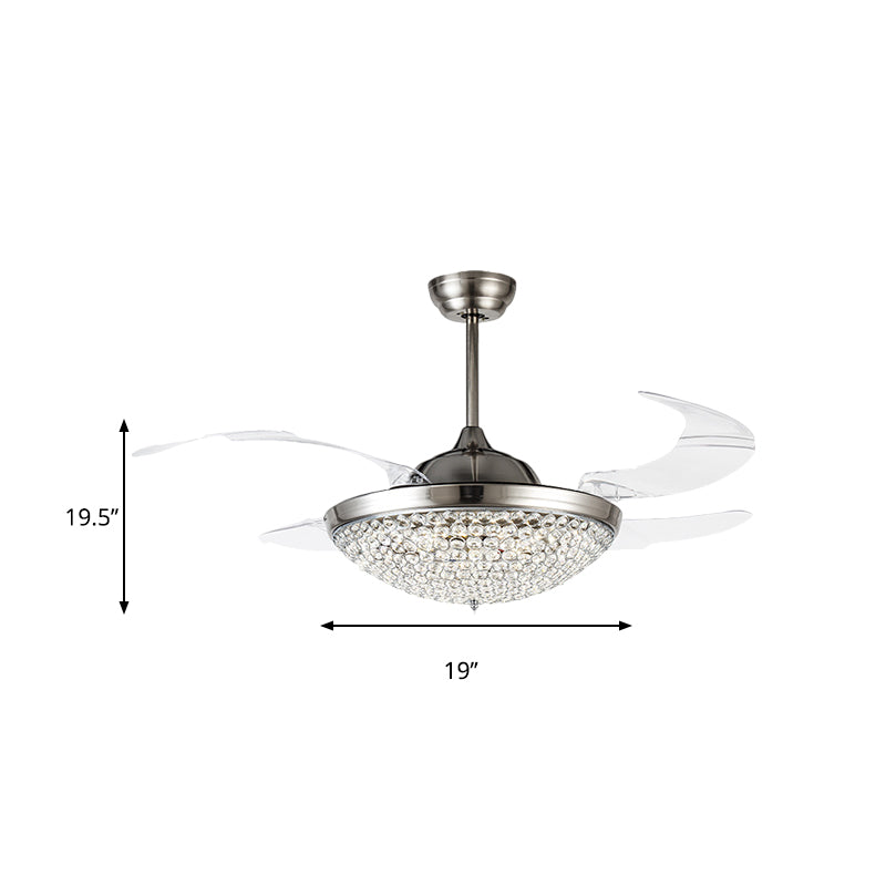 19 "W Kuppel Semi Flush Mount Lampe Minimalistische Kristallverkruste LED Nickel Deckenventilator Licht, 4 Klingen