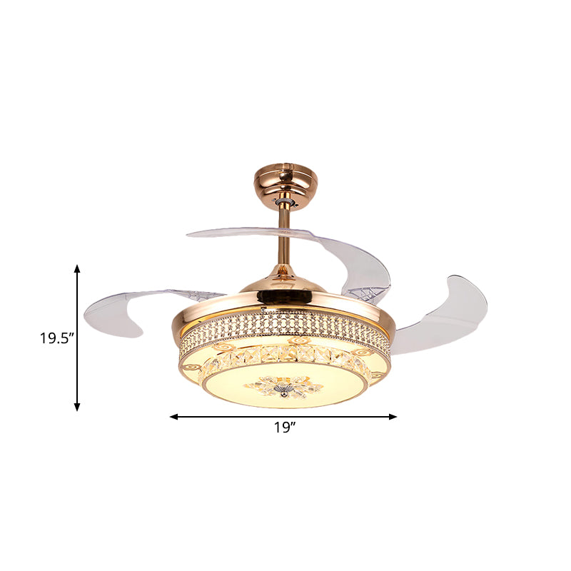 4 Klingen rund Semi Flush Leuchte Minimalismus handgeschnittene Kristall 19 "breit LED Gold Anhänger Lüfterlampe
