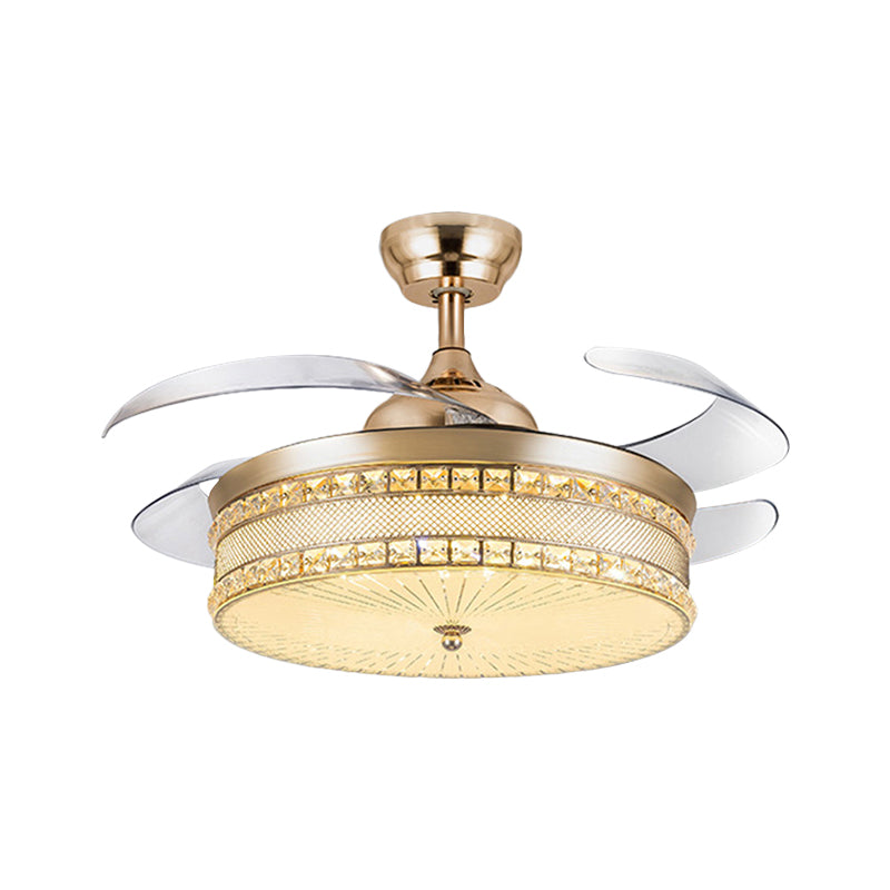 Facetted Crystal Drum Anhänger Lüfter Licht modernist 19 "Breite LED GOLD SEMI BUSCH LAMP mit 4 Klingen