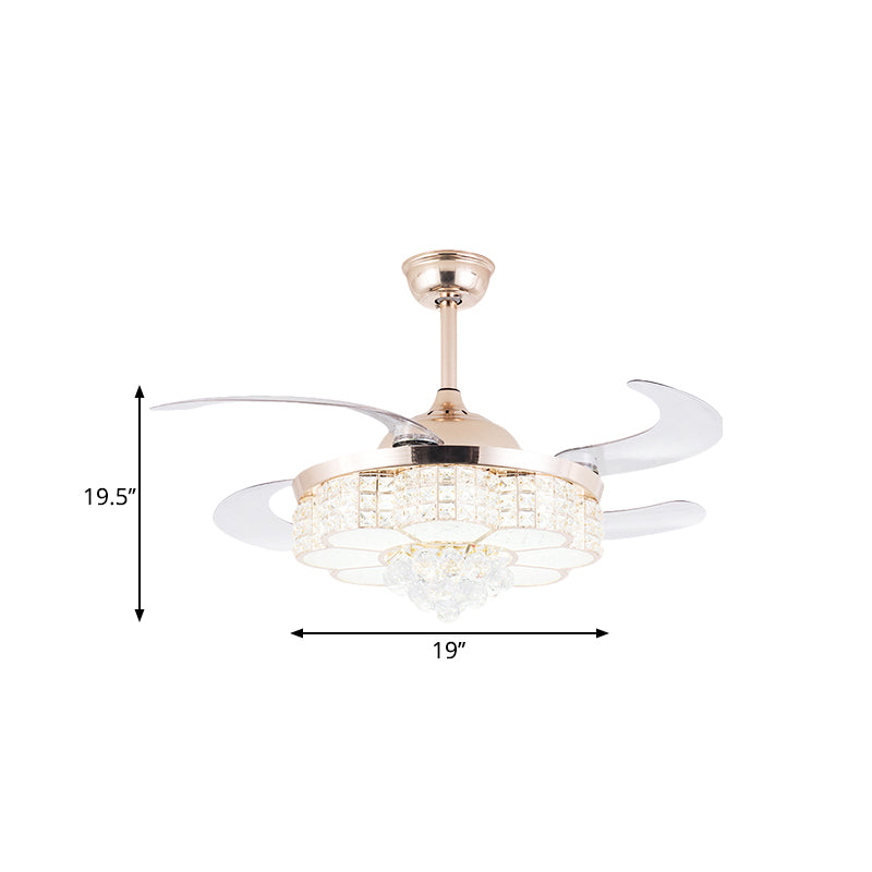 4 Blätter Gold LED Blumenblumen einfacher Kristallblock Anhänger Lüfterleuchte, 19 "Breite