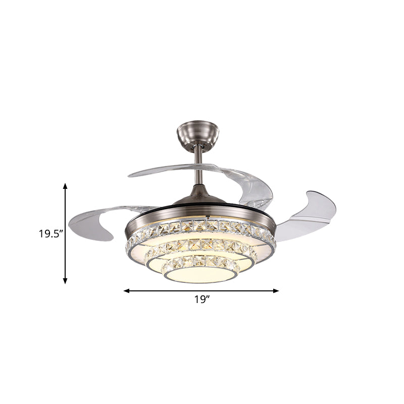 Modernismo Lampada del soffitto a 3 livelli Lampada a blocchi di cristallo Spegno LED a filo in cromo con 4 lame, largo 19 "