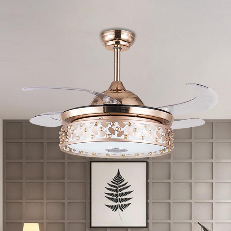 Copper LED Circular Semi Flush Lamp Simplicity Acrylic 4-Blade Hanging Fan Light with Crystal Deco, 19" Wide