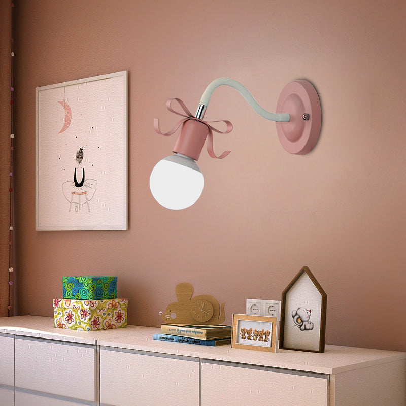 Metal Bare Bulb Wall Light with Bow Single Head Nordic Style Wall Lamp for Kindergarten