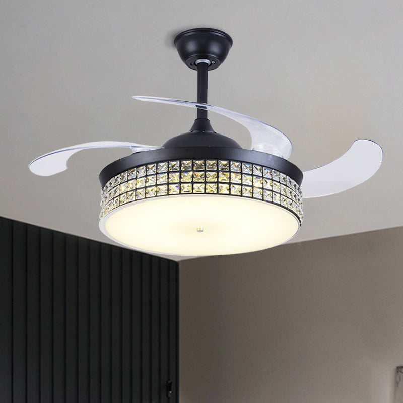 4-Blade-Drum Semi Flush Mount Light Contemporary CRYN CRISTAL 19 "Breite LED LED Black Hanging Lüfterlampe