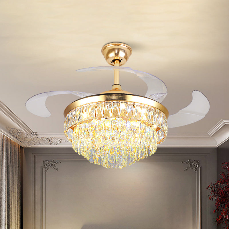 Cascading Deckenventilator Leuchte Einfacher Kristall Rechteck Great Room 19 "W LED Semi Flush in Gold mit 4-Blade