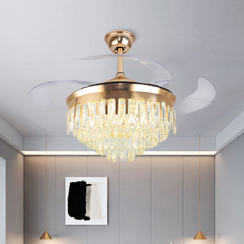 Cascading Deckenventilator Leuchte Einfacher Kristall Rechteck Great Room 19 "W LED Semi Flush in Gold mit 4-Blade