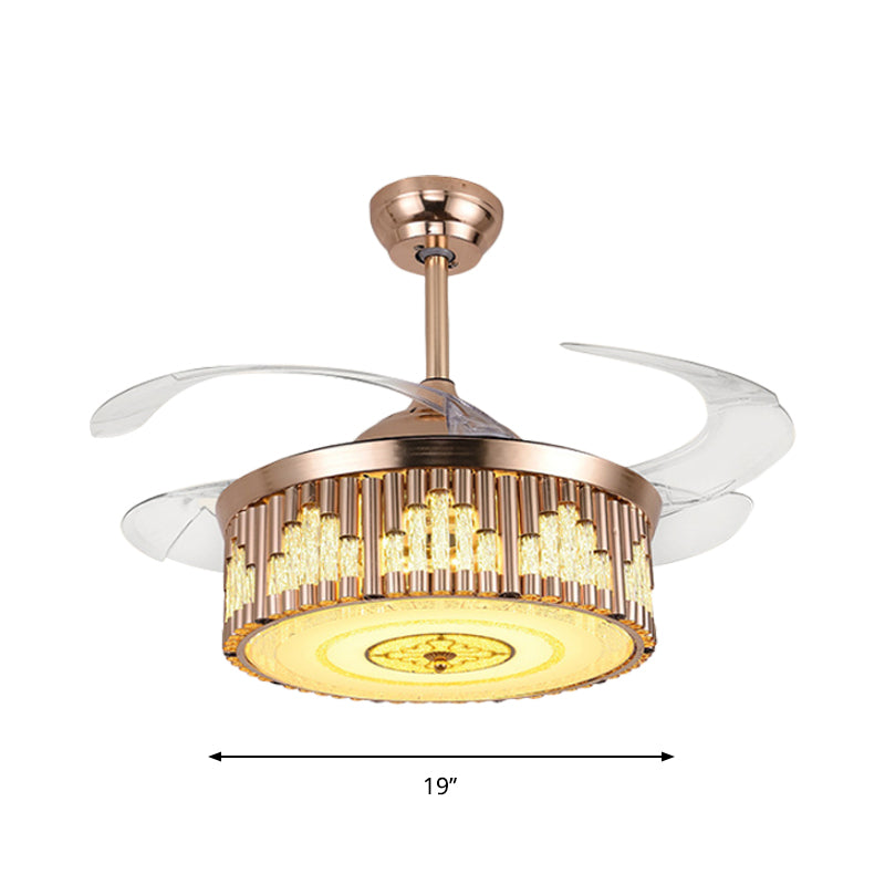 19" W Drum Parlor Pendant Fan Light Faceted Crystal LED Modernism Semi Flush Lighting in Gold, 4-Blade