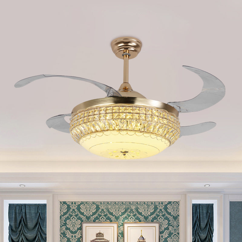 19 "W LED Schlafzimmer Semi Flush Lampe Moderne Gold 4-Blatt-Hängeventilator mit kuppelstrukturierter Glasschatten